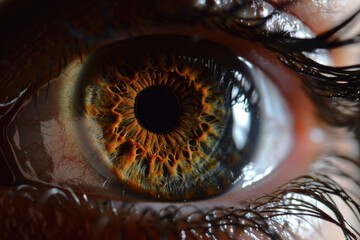 A close up of a person's eye with an orange iris. AI.