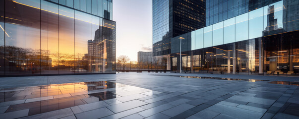 Modern Cityscape with Sunset Reflections on Glass - obrazy, fototapety, plakaty