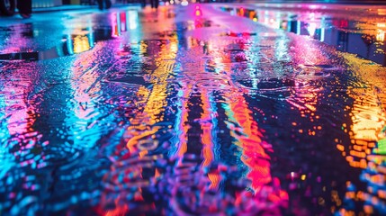 neon reflections on wet city streets at night with raindrop ripples