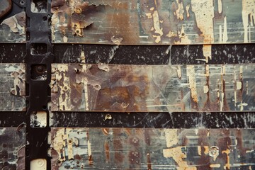 Close up of a metal door with chipped paint peeling off, showcasing a raw, rustic beauty and hinting at a story of the past.
