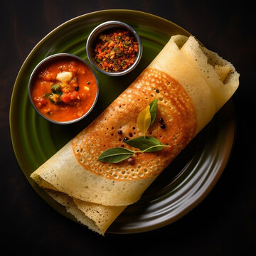 wide top view background photo, delicious masala dosa and curries on a tray, Indian traditional food recipe banner image in dark color background