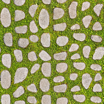 Seamless pattern for renderings applications of a grey concrete flooring blocks with grass permeable to rain water used for sidewalks and parking areas