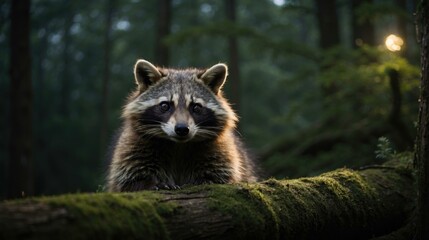 A raccoon is sitting on a tree branch in the woods. AI.