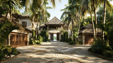 A tropical villa entrance featuring a thatched gatehouse and palm tree-lined driveway.