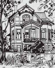 Big house and garden line art design for kids coloring book, vector illustration on transparent