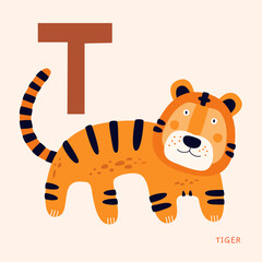 Cute cartoon tiger with letter T. Funny predatory animal. Can be used for children`s alphabets, postcards, and books. Vector illustration on a light isolated background.