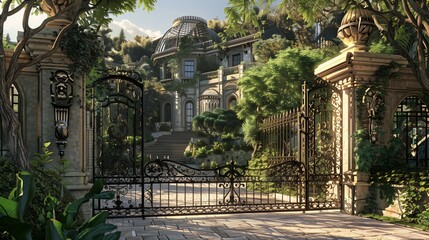 A Victorian-style villa entrance with an intricate wrought iron gate and stained glass accents.