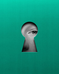 Desire for adventure. Female eye looking into keyhole on green background. Contemporary art collage. Conceptual design. Concept of creativity, abstract art, imagination and inspiration.