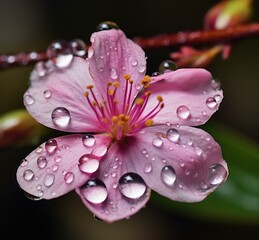 A pink flower with water droplets on it is shown. AI.