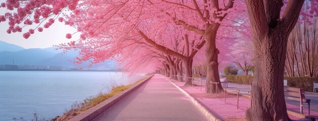 Serene Cherry Blossom Alley by the Lake