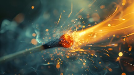 dynamic matchstick ignition with flying sparks and intense flame close-up