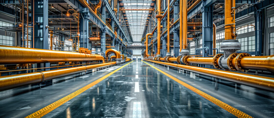 Fototapeta premium Array of industrial Pipes in and around Buildings Wallpaper Cover Background Brainstorming