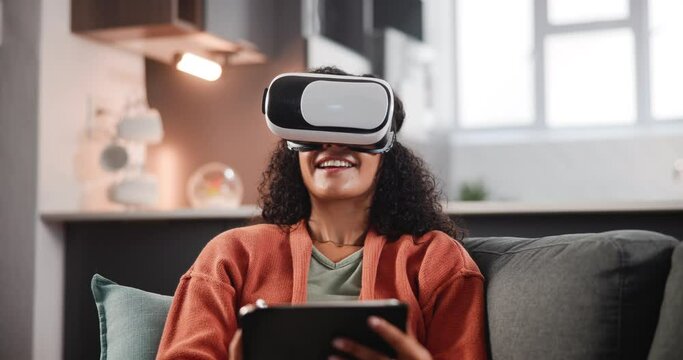 Person, virtual reality and elearning or home on sofa for sketch, drawing or design or art. Female student, metaverse and creative for university at house with paper, education or college with 3d