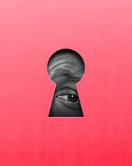 Male eye looking into keyhole on pink background. Boundary between known and unknown. Contemporary art collage. Conceptual design. Concept of creativity, abstract art, imagination and inspiration.