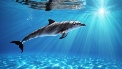 A graceful dolphin swims underwater, its silhouette lit by a shaft of sunlight piercing through the ocean surface.. AI Generation