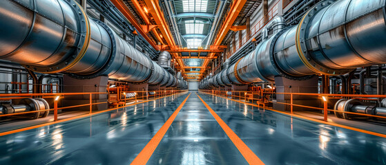 Obraz premium Array of industrial Pipes in and around Buildings Wallpaper Cover Background Brainstorming