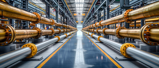 Obraz premium Array of industrial Pipes in and around Buildings Wallpaper Cover Background Brainstorming
