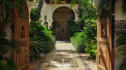 An Arabian villa entrance with a decorative wooden gate and mosaic tile pathway.