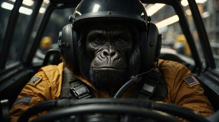 Fototapeta na wymiar A gorilla wearing a helmet and goggles sitting in the driver's seat of an airplane. AI.