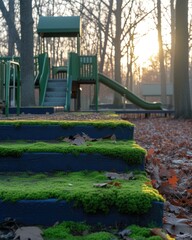 Obraz premium A green grass is growing on a playground slide. AI.