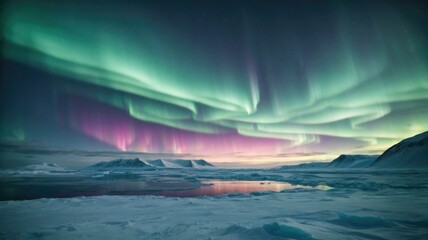 Fototapeta na wymiar The aurora borealis is seen over the snow covered mountains. AI.