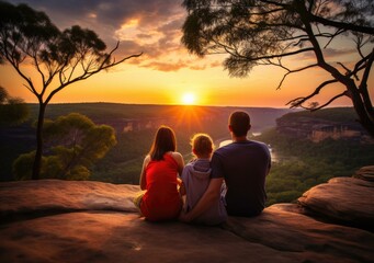 A family sitting on a rock overlooking the valley at sunset. AI. - Powered by Adobe