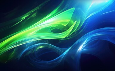 A close up of a green and blue colored swirl on black. AI.