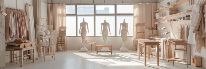 Bright Fashion Design Studio Interior with Mannequins - obrazy, fototapety, plakaty
