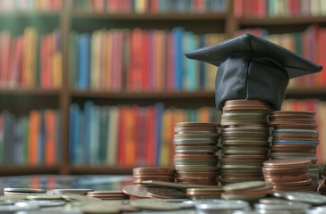 Graduation Cap on Stacked Coins with Bookshelf Background