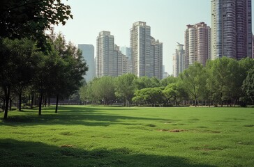 Fototapeta premium Urban Oasis: Green Park Against City Skyline