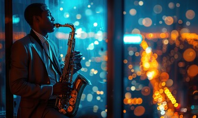A man playing the saxophone in a city at night. AI.