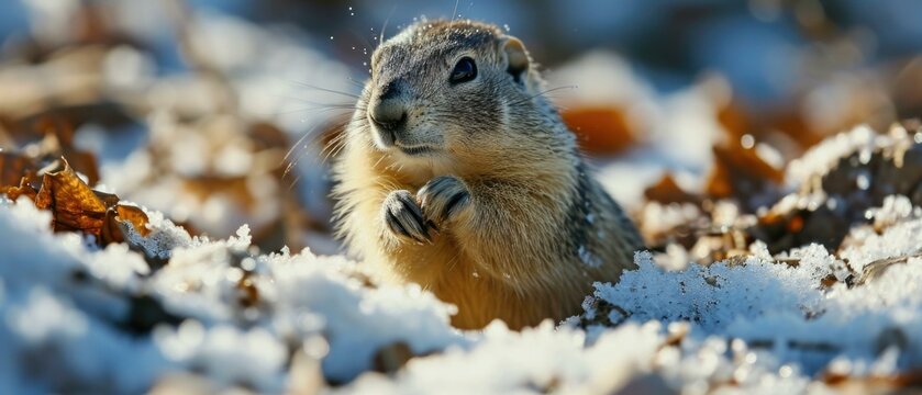 A ground squirrel is sitting in the snow with its paws up. AI.