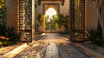 An Art Deco villa entrance with a geometric gate and mosaic tile pathway.