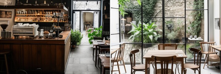 Modern Cafe Interior with Wood Accents and Greenery