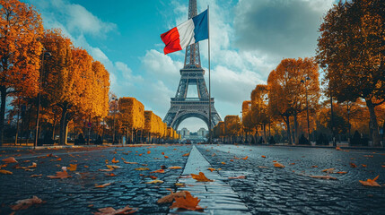The French flag is flying against the background of the Eiffel Tower in Paris, preparing the...