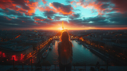 A girl looks at the capital of the Olympic Games 2024 Paris from above, a panorama of the city at sunset, the river Seine