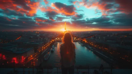 Poster de jardin Paris A girl looks at the capital of the Olympic Games 2024 Paris from above, a panorama of the city at sunset, the river Seine
