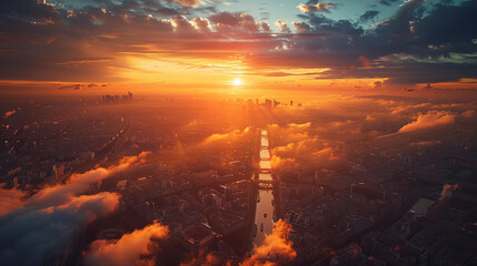 Top view of the city of Paris in France, the capital of the 2024 Olympic Games at sunset, the river...