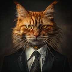 Cat in a Business Suit, Animal Businessman, Serious Pet Boss, Red Cat Headed Man in a Suit