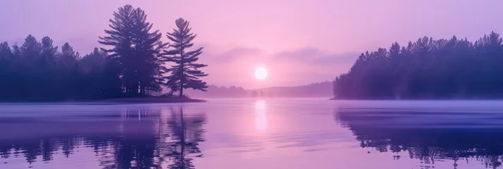 Muurstickers Tranquil Lake Sunset Amidst Forest Mist © evening_tao
