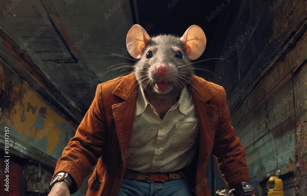 Wall mural Portrait of a gray rat in a business suit on the street