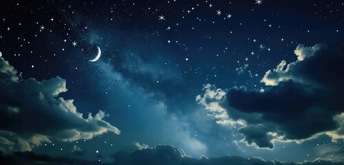 Obraz na płótnie Canvas Beautiful Night Sky with Crescent Moon and Stars