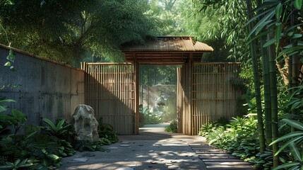 An Asian-inspired villa entrance with a bamboo gate and Zen garden.