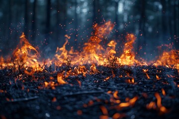 An intense image of a forest under threat by a wildfire with vibrant flames consuming the underbrush, highlighting nature's fury - obrazy, fototapety, plakaty
