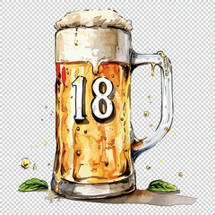 Watercolor beer glass clipart for male birthday 18th party, vector illustration on transparent