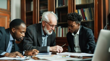 An elderly man, a seasoned executive, mentoring a young apprentice and an intern, reviewing financial reports and offering sage advice in a classic wood-paneled executive office. - Powered by Adobe