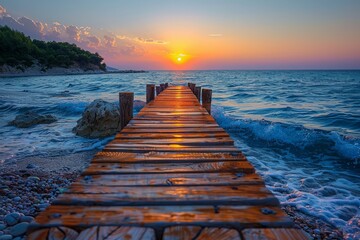 Rustic wooden pier extending into the sea against a backdrop of a calming sunset sky - obrazy, fototapety, plakaty