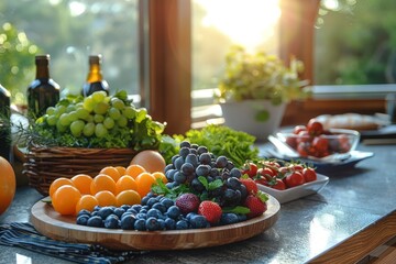 A variety of fresh fruits displayed on a wooden surface, bathed in natural light from a nearby window