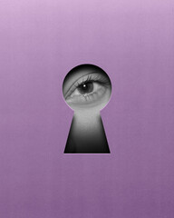 Calm female eye looking into keyhole on purple background. Contemporary art collage. Seeking...