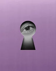 Foto op Canvas Calm female eye looking into keyhole on purple background. Contemporary art collage. Seeking clarity and understanding. Conceptual design. Concept of creativity, abstract art, imagination © master1305